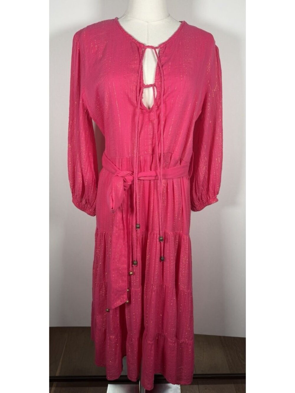 Karina Grimaldi Revolve pink metallic tiered peasant boho tassel midi dress M